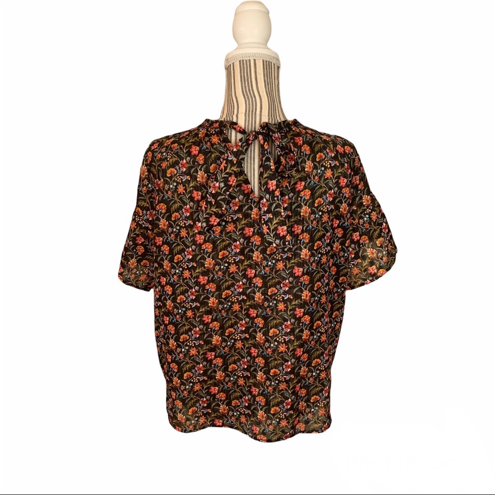 LOFT Petite Small Black Colorful Floral Casual Blouse - Picture 3 of 8